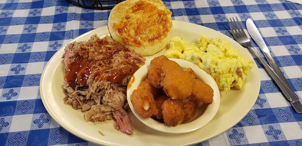 BBQ on Cornbread with Potato Salad and Corn Nuggets