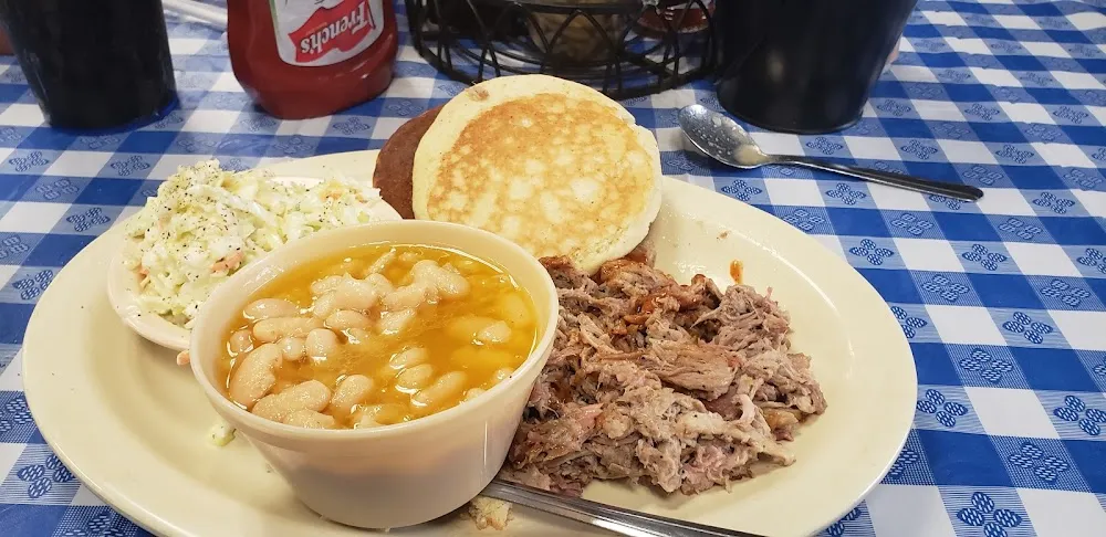 BBQ on Cornbread with White Beans and Slaw