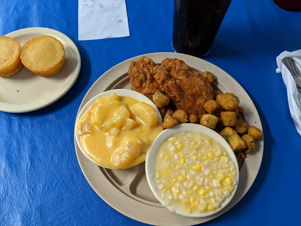 Fried Chicken Scalloped Potatoes Cream Corn and Fried Okra